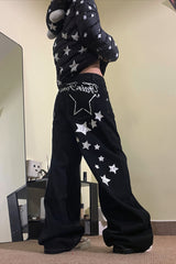 Star Letter Print Wide Leg Jeans