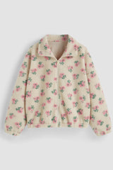 Floral Zip Front Sherpa Fleece Coat