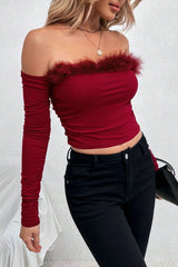 Sexy Off-Shoulder Fur Trim Paneled Long Sleeve Tee