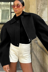 Zipper Lapel Wool Short Jacket