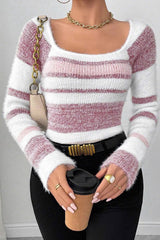 Fitted Square Neck Color Block Sweater