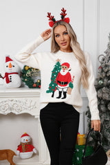 Christmas Santa Print Color Block Crew Neck Sweater