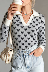 Heart Jacquard Collared Knit Sweater