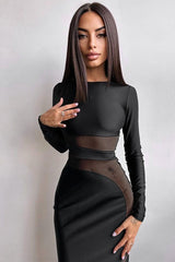 Mesh Panel Long Sleeve Maxi Dress