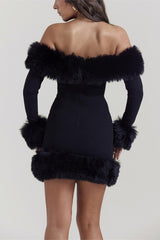 Fuzzy Panel Solid Off-the-shoulder Waist-cinched Bodycon Mini Dress
