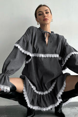 Lace Ruffle Tie V-Neck Mini Dress