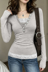 Striped Lace Trim Layered V Neck T-Shirt