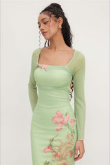 Floral Square Neck Long Sleeve Maxi Dress