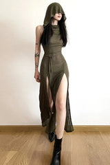 Hooded Hollow Out Midi Dress