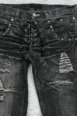 Lace Up Double Waist Distressed Jeans