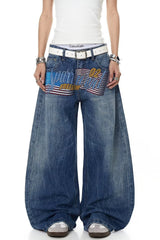 Letter Graphic Button Front Wide Leg Jeans