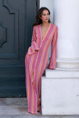 Crochet Colorful Stripe V-Neck Flare Sleeve Maxi Dress