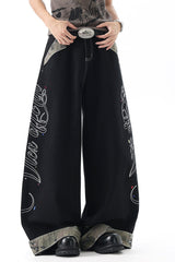 Camouflage Panel Letter Embroidered Wide Leg Jeans