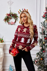 Christmas Cozy Color Block Gingerbread Man Print Sweater
