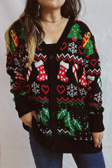 Themed Print Long Sleeve Button Christmas Cardigan