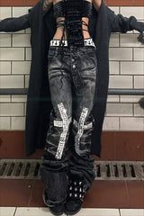 Cross Patchwork Washed Biker Straight Jeans