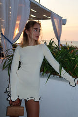 Solid Long Sleeve Crew Neck Ruffled Fitted Waist Sweater Dress