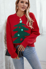 Christmas Cozy Color Block Xmas Tree Print Sweater