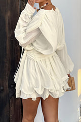 Balloon Sleeve Tie Waist Ruffle Mini Dress