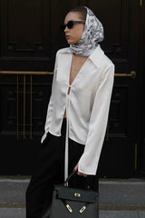 Acetate Satin Bow Tie V Neck Minimalist Long Sleeve Blouse