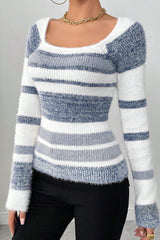 Fitted Square Neck Color Block Sweater