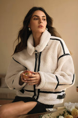 Contrast Piping Sherpa Fleece Coat