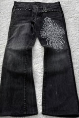 Cross Print Washed Punk Flare Jeans