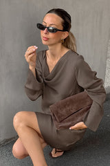 Cowl Neck Long Sleeve Fitted Midi Dress