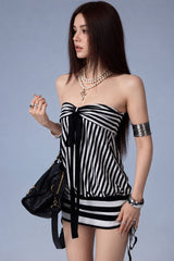 Monochrome Stripe Bow Front Mini Dress