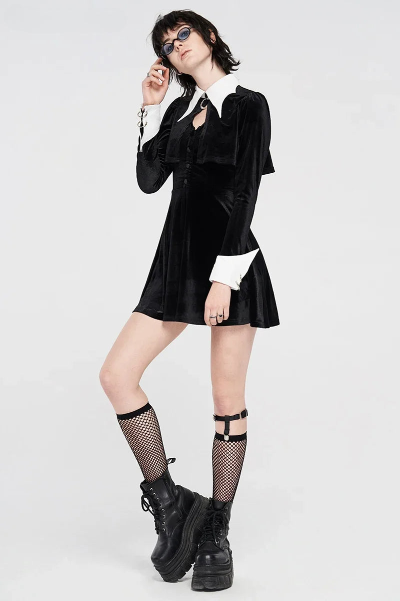 Dark Bat Gothic Velvet White Collar Little Black Dress