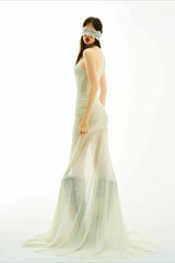 Lace High Neck Asymmetric Train Maxi Dress