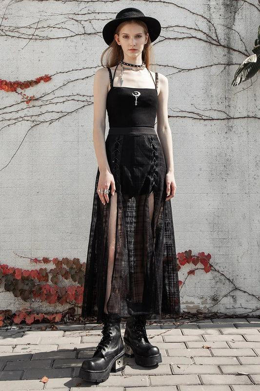 Women's Forks Pantskirt Sexy Gothic Casual Mid-length A Elastic Waist Grid Mesh Daily Long Shape Skirt