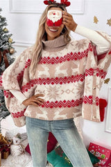 Christmas Moose High Neck Contrast Batwing Sleeve Sweater