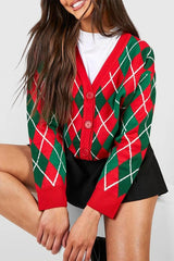 Vintage Argyle V Neck Button Christmas Cardigan