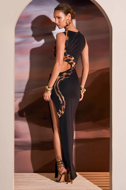 Snake Print Hollow Out Midi Dress