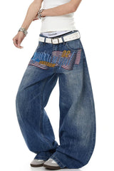 Letter Graphic Button Front Wide Leg Jeans