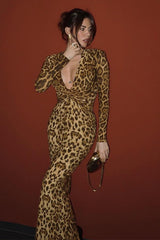 Leopard Knot Front Long Sleeve Maxi Dress