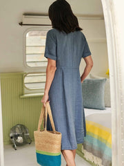 V Neck Linen Button-Down Midi Dress with Pocket In Denim Blue