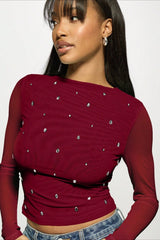 Double Layer Tulle Rhinestone Chic Long Sleeve Tee