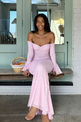Lace Off Shoulder Bell Sleeve Maxi Dress