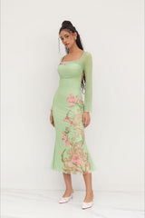 Floral Square Neck Long Sleeve Maxi Dress