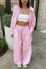 Striped Button Shirt Tie Waist Pants Set