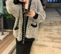 V-Neck Fleece Thick Knitting Cardigan Black / S