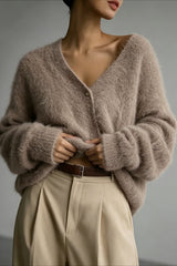 Fuzzy V Neck Balloon Sleeve Cardigans