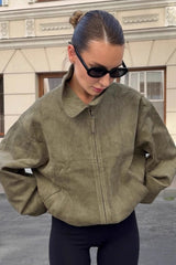 Green Suede Lapel Casual Jacket