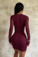 Lace Deep V-neck Long Sleeve Sexy Bodycon Mini Dress