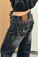 Heavy Wash Pocket Stitch Wide Leg Jeans