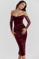 Elegant One Shoulder Ruched Formal Velvet Dress