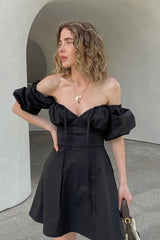 White Tie Waist Puff Sleeve Mini Dress