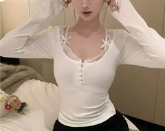 Lace Stitching V-neck Skinny Pink Coquette Aesthetic Top Women knittop-250126